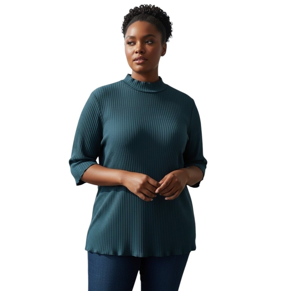 Eileen Fisher Teal Ribbed Top Mock Neck Half Sleeve Quiet Luxury Plus Size 1X - Picture 1 of 9
